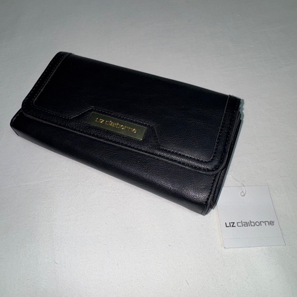 Liz Claiborne Black Flap Wallet Gold Logo Tri-Fold Organizer NWT
